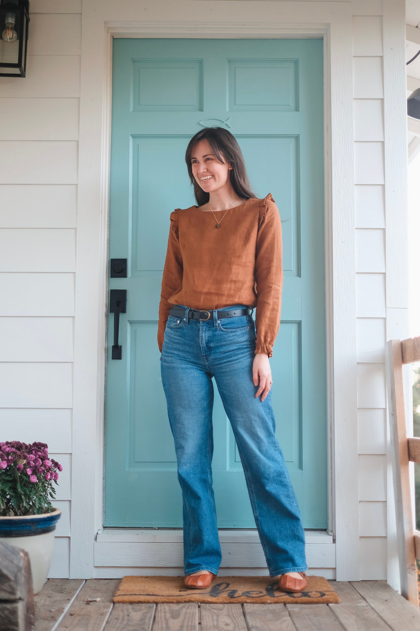 not Perfect Linen Chestnut Linen Ruffle Shoulder Blouse - Size S/M