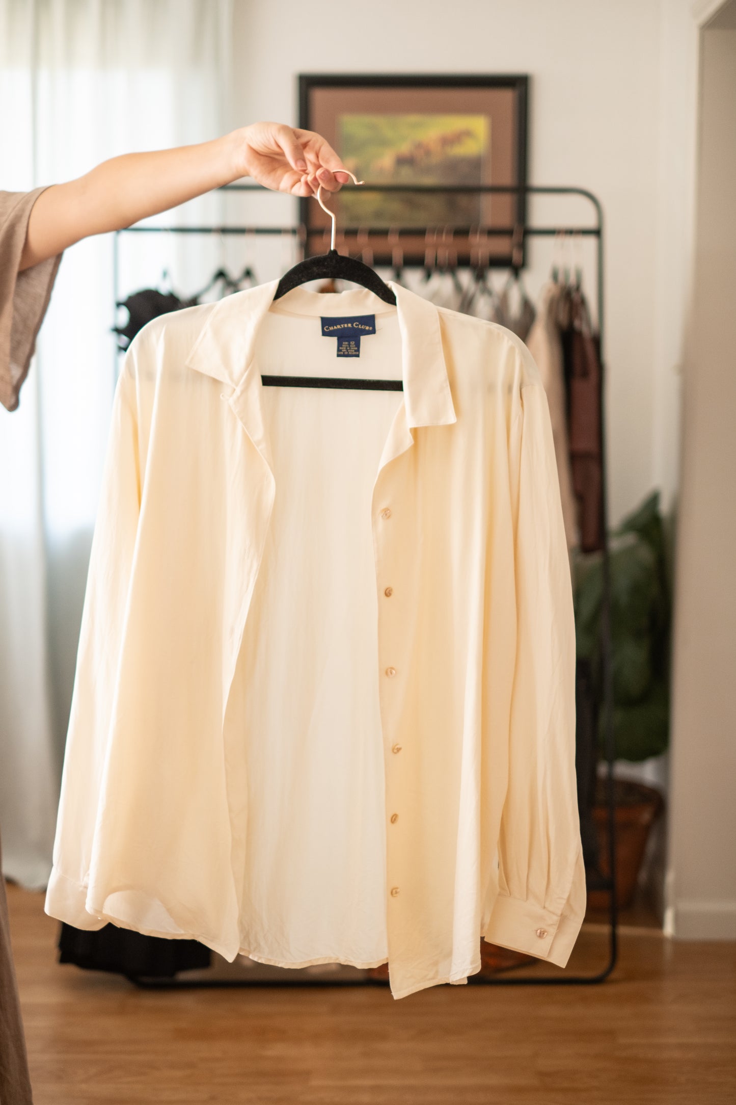 Vintage Silk Long Sleeve Button Down Cream - Size 12