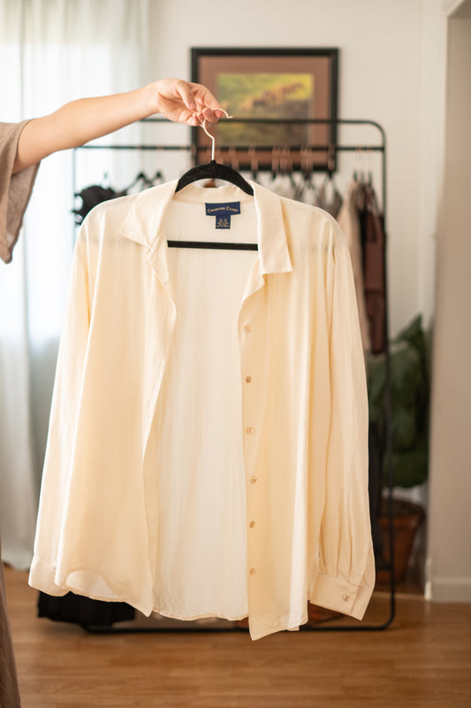 Vintage Silk Long Sleeve Button Down Cream - Size 12