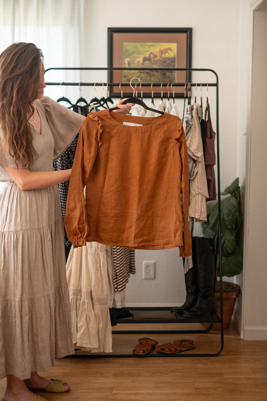 not Perfect Linen Chestnut Linen Ruffle Shoulder Blouse - Size S/M